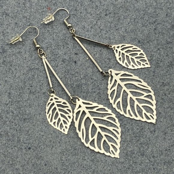 Dangle Pierced Earrings Double Filigree Leaf Silver Cut Away Large Small Boho - Picture 1 of 5